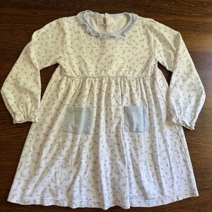 White Floral Ruffle Collar Dress with Light Blue Pockets